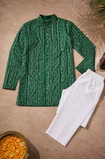 Dark green color traditional chikankari embroidery cotton men's kurta payjama set