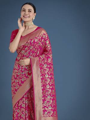 pink silk blend banarasi jacuard work saree with unstitched blouse piece 4