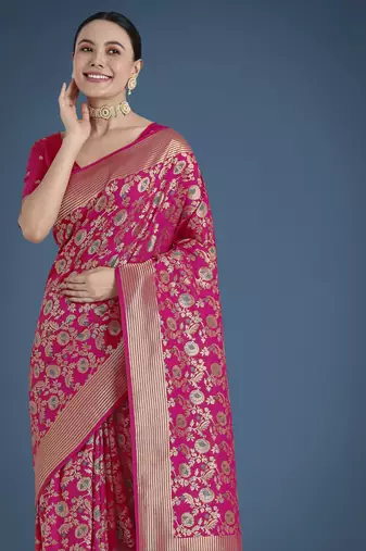 pink silk blend banarasi jacuard work saree with unstitched blouse piece