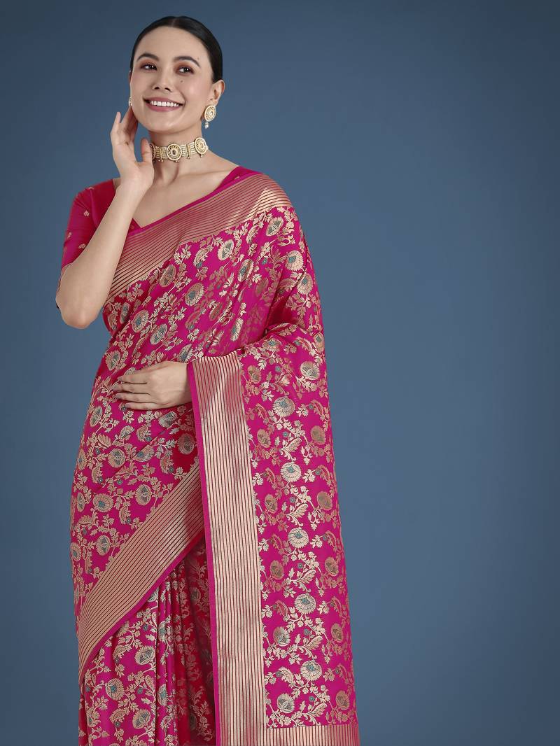 pink silk blend banarasi jacuard work saree with unstitched blouse piece