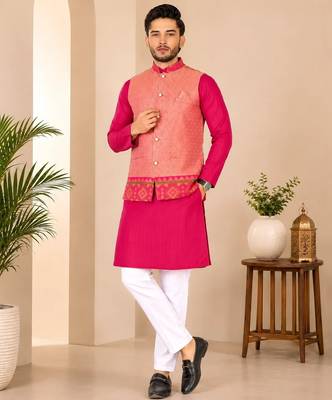 Peach color weaving work with ikkat kanjivaram cotton men's kurta payjama set 4