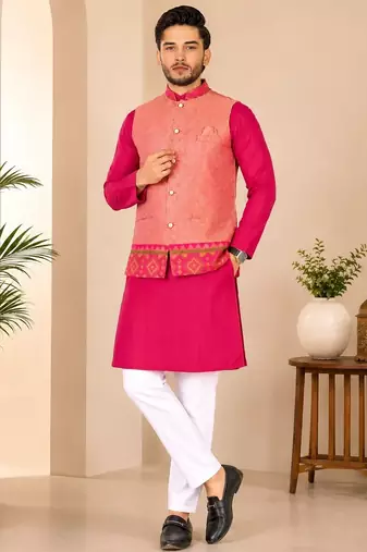 Peach color weaving work with ikkat kanjivaram cotton men's kurta payjama set