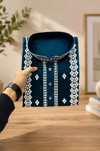 Teal color embroidery and silver sequence work silk men's kurta payjama set