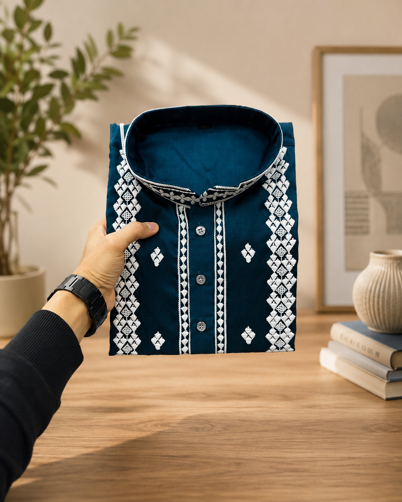 Teal color embroidery and silver sequence work silk men's kurta payjama set