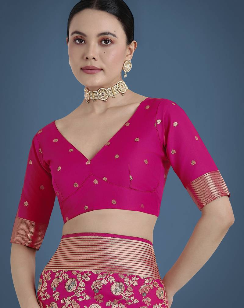 pink silk blend banarasi jacuard work saree with unstitched blouse piece