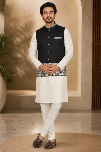 Off white-black color embroidered daaman work shiny silk men's kurta payjama set