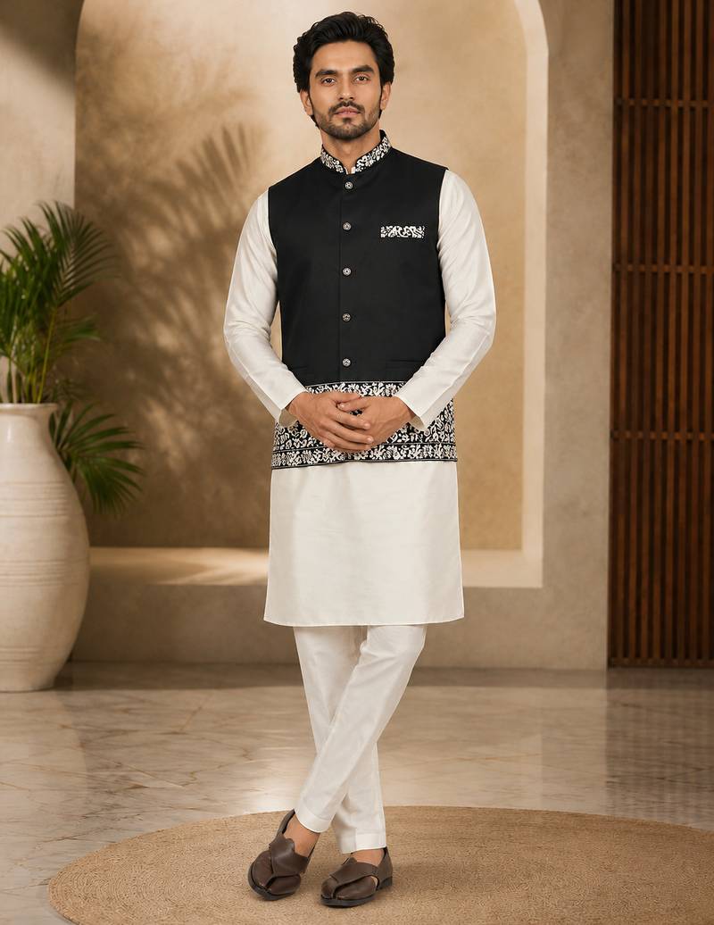 Off white-black color embroidered daaman work shiny silk men's kurta payjama set