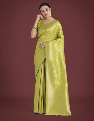 parrot green silk blend banarasi jacuard work saree with unstitched blouse piece 1