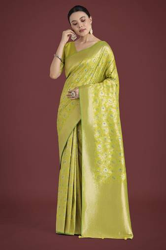parrot green silk blend banarasi jacuard work saree with unstitched blouse piece