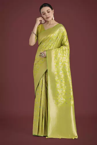 parrot green silk blend banarasi jacuard work saree with unstitched blouse piece