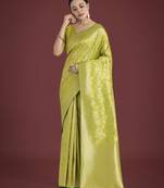 parrot green silk blend banarasi jacuard work saree with unstitched blouse piece