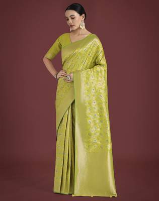 parrot green silk blend banarasi jacuard work saree with unstitched blouse piece 2