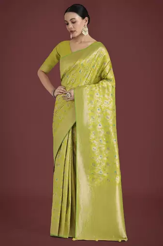 parrot green silk blend banarasi jacuard work saree with unstitched blouse piece