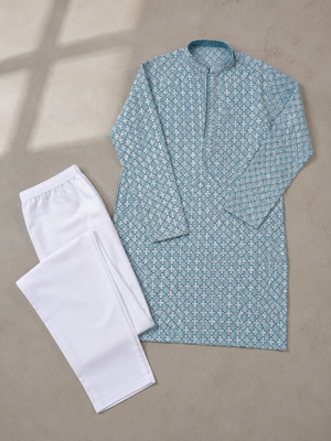 Teal blue  color traditional chikankari embroidery cotton men's kurta payjama set 5