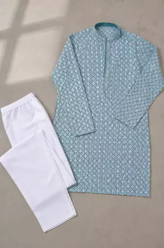 Teal blue  color traditional chikankari embroidery cotton men's kurta payjama set