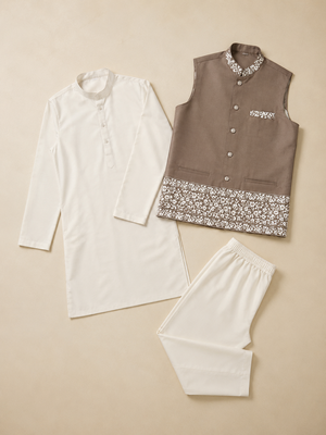 Off white-brown color embroidered daaman work shiny silk men's kurta payjama set 4