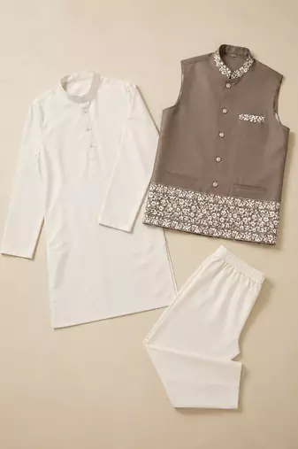 Off white-brown color embroidered daaman work shiny silk men's kurta payjama set