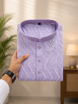 Lavender color unique cross pattern white thread embroidery with silver sequence silk men's kurta payjama set 4