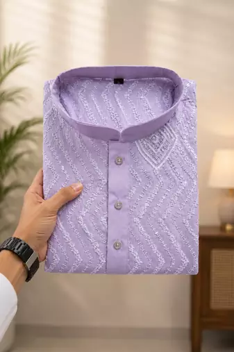 Lavender color unique cross pattern white thread embroidery with silver sequence silk men's kurta payjama set