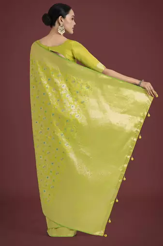 parrot green silk blend banarasi jacuard work saree with unstitched blouse piece