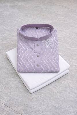 Lavender color unique cross pattern white thread embroidery with silver sequence silk men's kurta payjama set 5