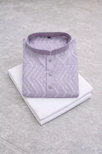Lavender color unique cross pattern white thread embroidery with silver sequence silk men's kurta payjama set