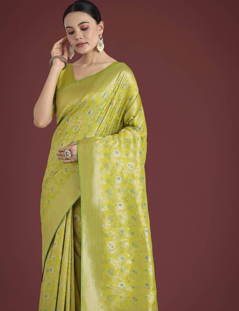 parrot green silk blend banarasi jacuard work saree with unstitched blouse piece