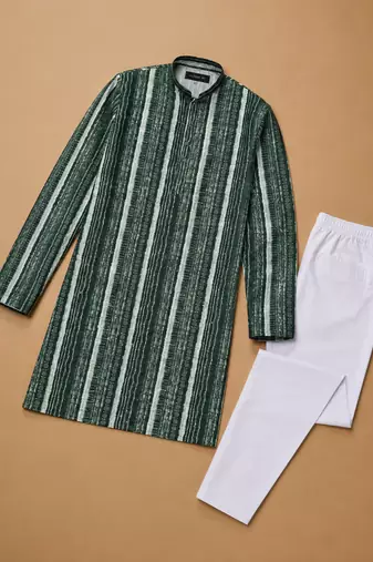 Dark green color digital print with chikankari embroidery work rayon men's kurta payjama set