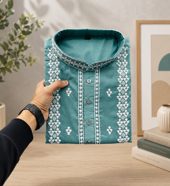 Sea green color embroidery and silver sequence work silk men's kurta payjama set 4