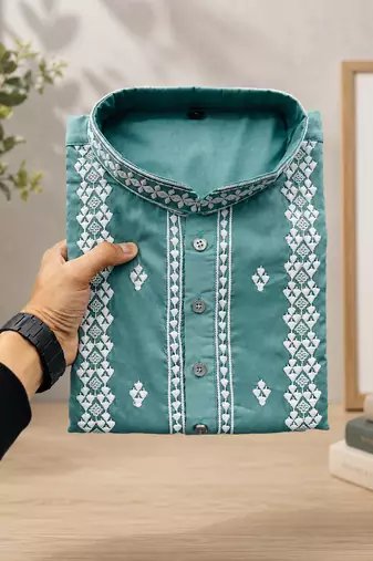 Sea green color embroidery and silver sequence work silk men's kurta payjama set