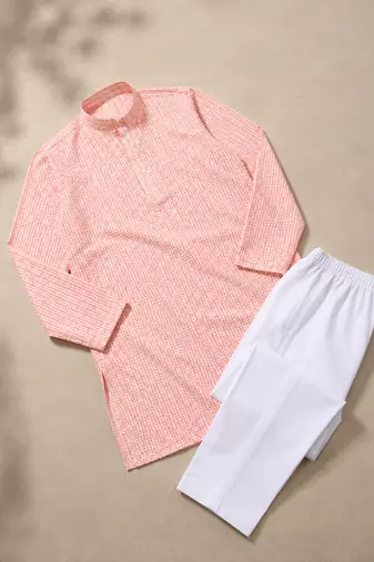 Pink color traditional chikankari embroidery cotton men's kurta payjama set