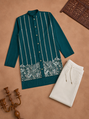 Teal blue color embroidery work silk indo ethnic men's kurta payjama set 5