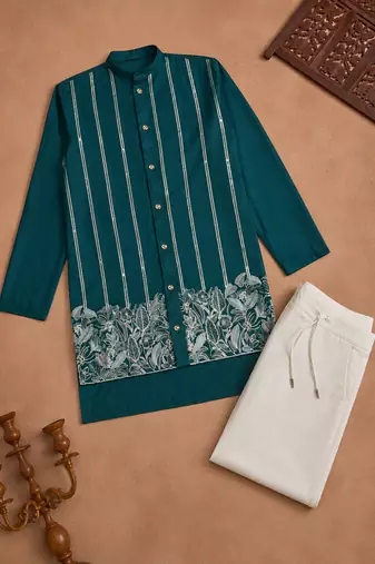 Teal blue color embroidery work silk indo ethnic men's kurta payjama set