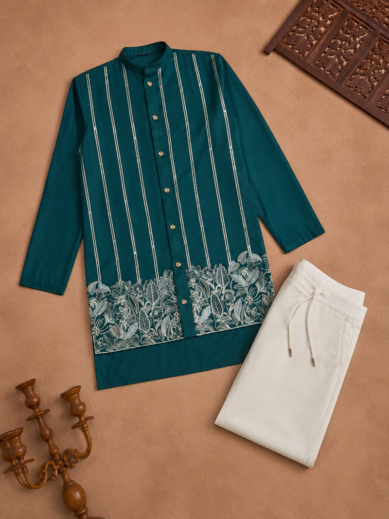 Teal blue color embroidery work silk indo ethnic men's kurta payjama set