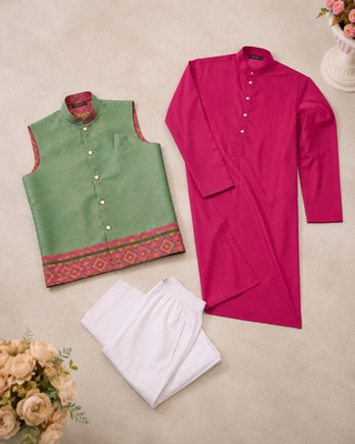 Pista green  color weaving work with ikkat kanjivaram cotton men's kurta payjama set 5