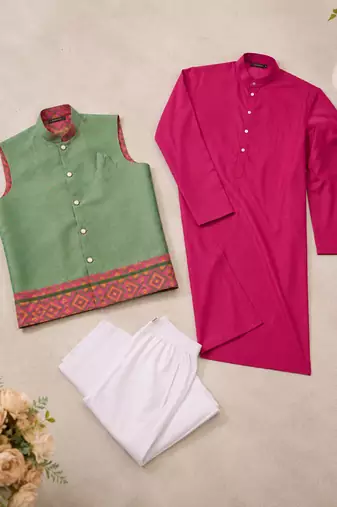 Pista green  color weaving work with ikkat kanjivaram cotton men's kurta payjama set