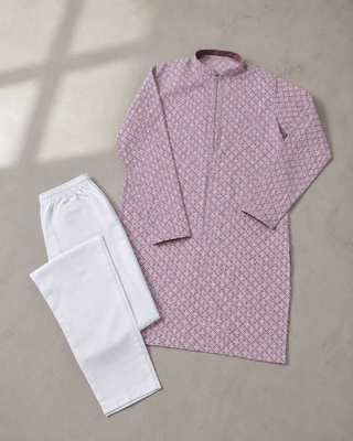 Onion pink color traditional chikankari embroidery cotton men's kurta payjama set 5