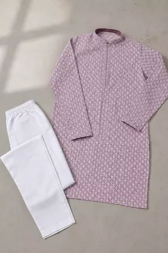 Onion pink color traditional chikankari embroidery cotton men's kurta payjama set