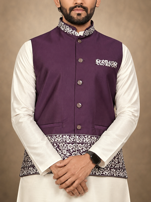 Off white-purple color embroidered daaman work shiny silk men's kurta payjama set 4