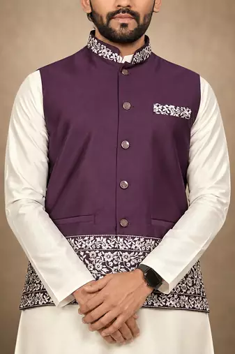 Off white-purple color embroidered daaman work shiny silk men's kurta payjama set