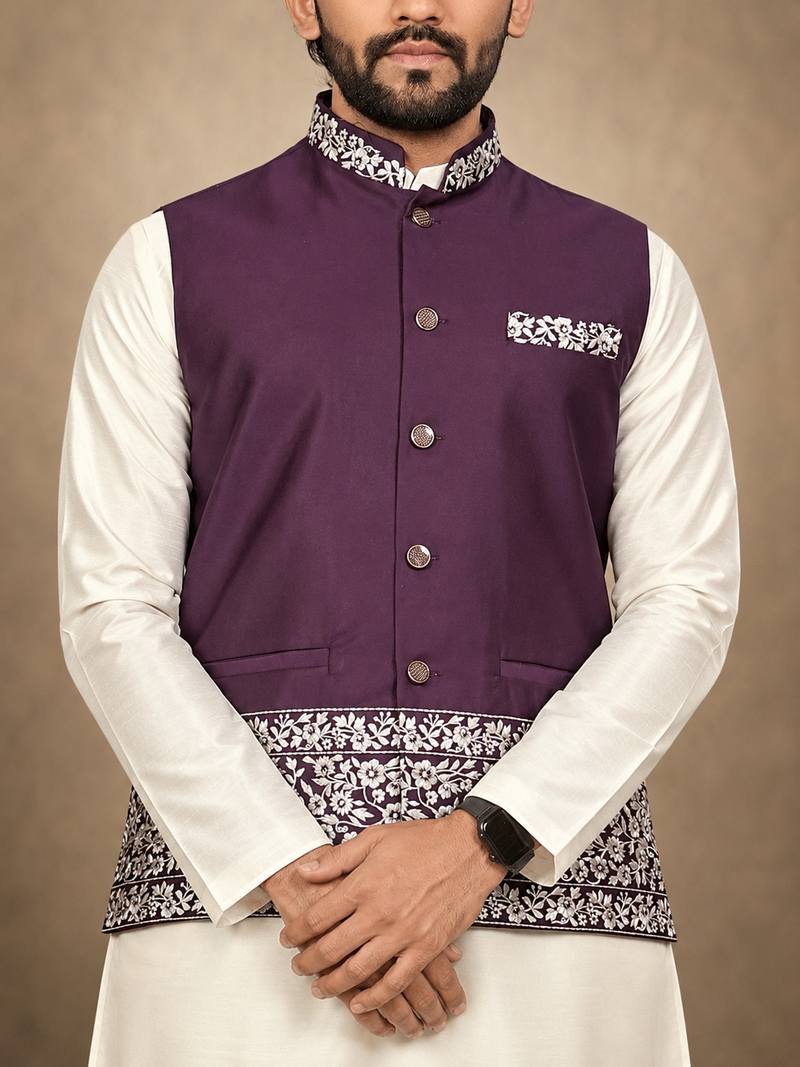 Off white-purple color embroidered daaman work shiny silk men's kurta payjama set