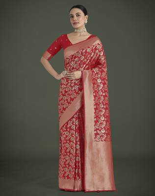red silk blend banarasi jacuard work saree with unstitched blouse piece 1