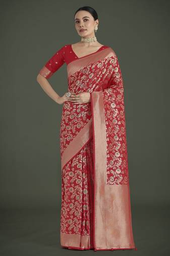 red silk blend banarasi jacuard work saree with unstitched blouse piece
