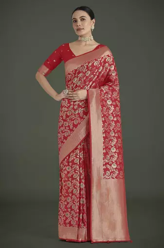red silk blend banarasi jacuard work saree with unstitched blouse piece