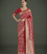 red silk blend banarasi jacuard work saree with unstitched blouse piece