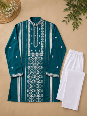 Teal color embroidery and silver sequence work silk men's kurta payjama set 5