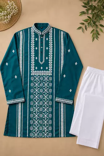 Teal color embroidery and silver sequence work silk men's kurta payjama set