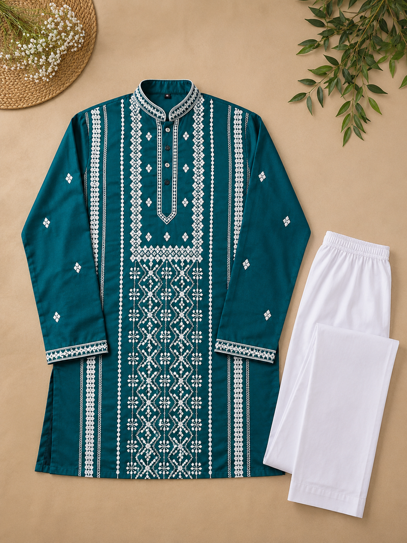 Teal color embroidery and silver sequence work silk men's kurta payjama set