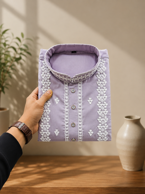 Lavender color embroidery and silver sequence work silk men's kurta payjama set 4