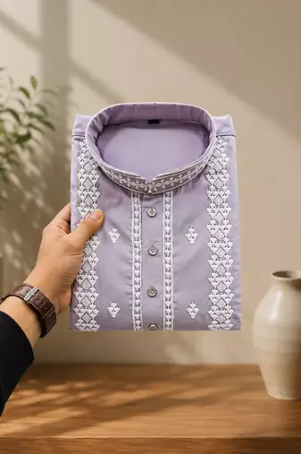 Lavender color embroidery and silver sequence work silk men's kurta payjama set